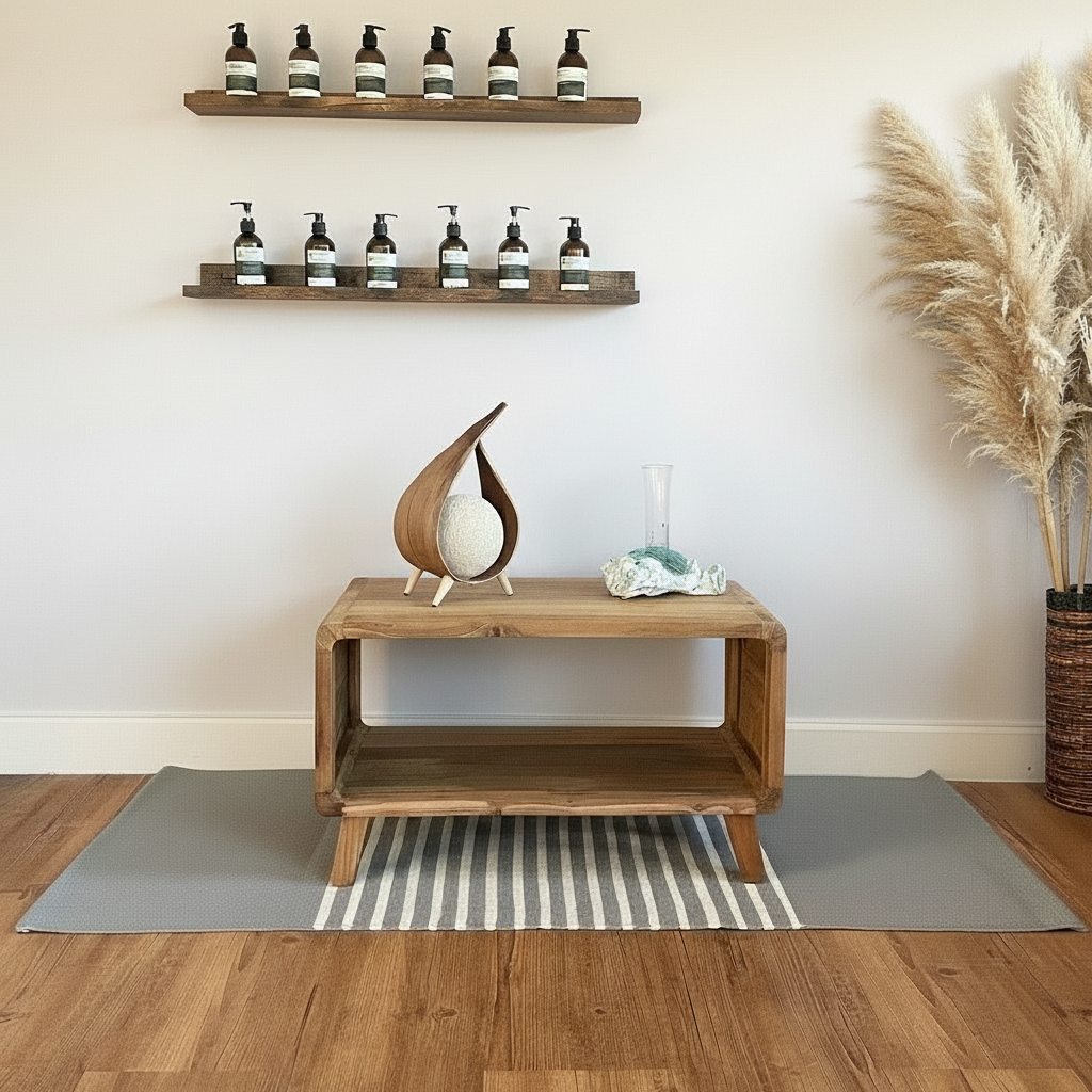 Natural Indian Cotton Rugs - Striped Designs. A natural living space with a rug, coffee table, and a natural basket with pampas grass.