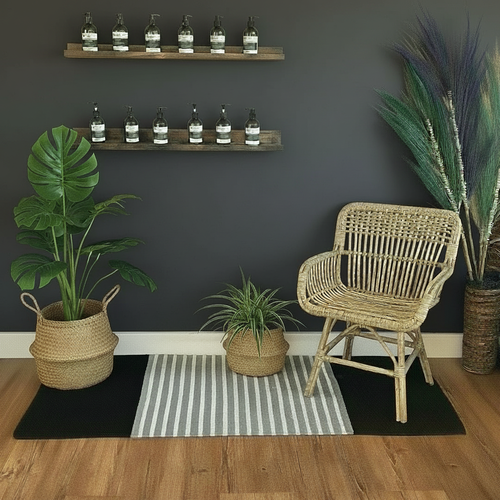 a black grey and cream striped rug in a natural living space with green plants