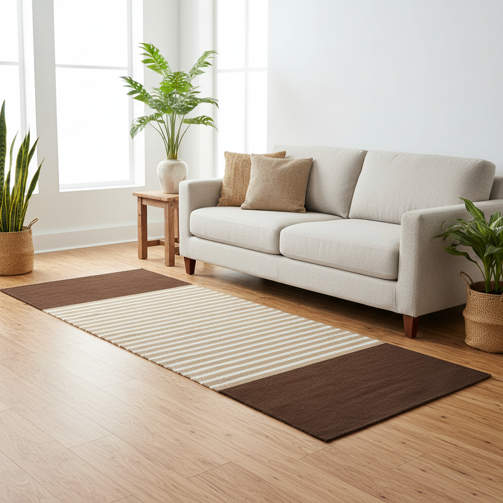 Beige sofa with decorative pillows in a living room setting with plants and a rug.