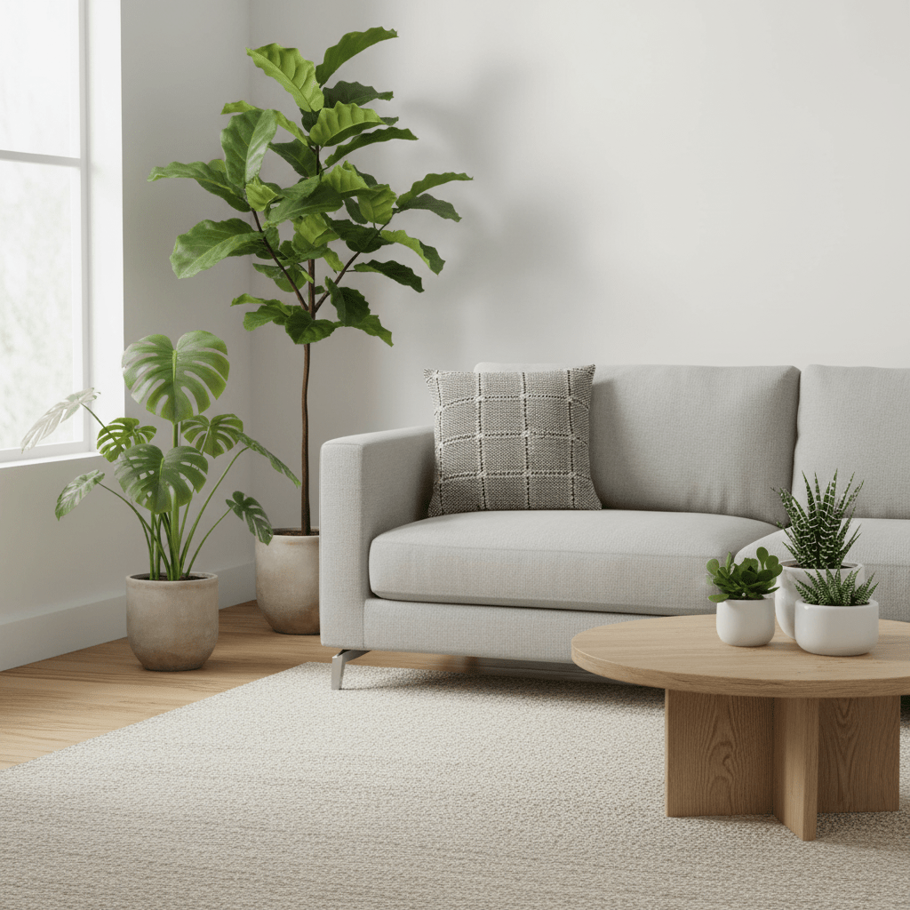 Modern living room with a gray sofa, wooden coffee table, and potted plants.