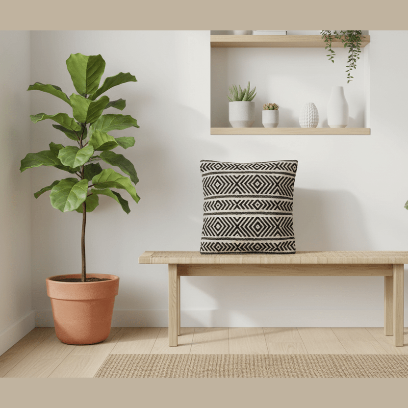 Room interior with a wooden bench, patterned pillow, and potted plants.