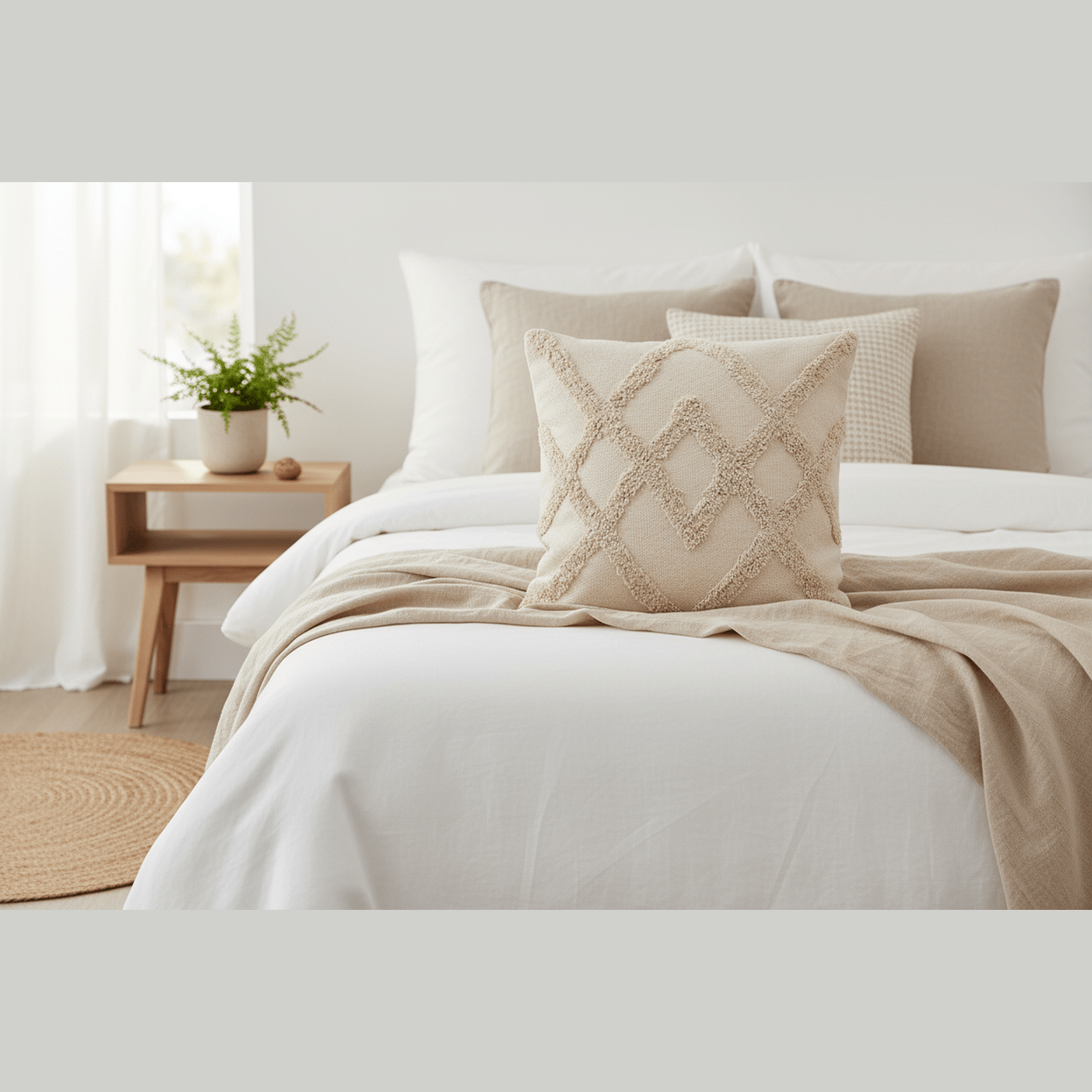 Neatly made bed with decorative pillows and a wooden side table in a bright bedroom.