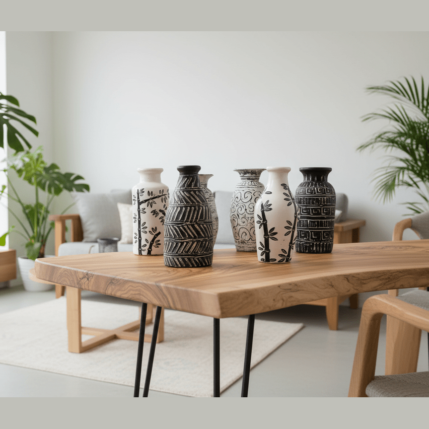 Dining room with wooden table, decorative vases, and plants.