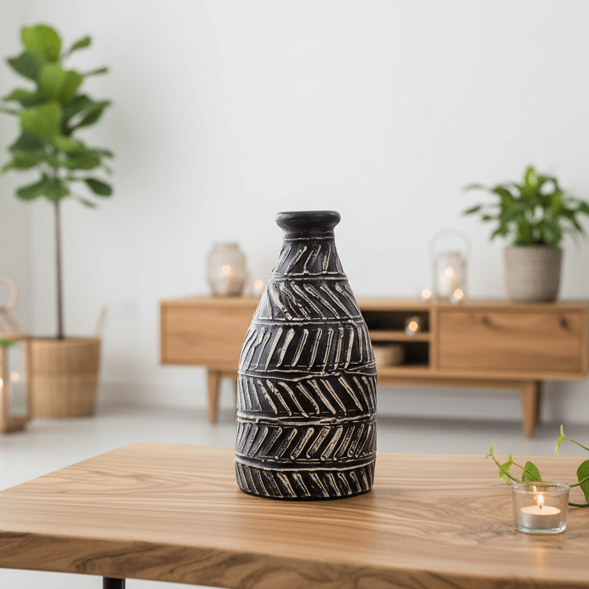 Decorative vase on a wooden table with a blurred living room background