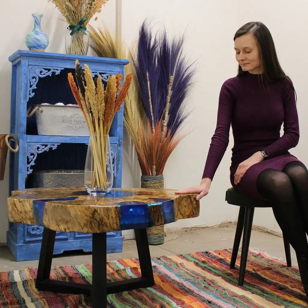 Ancient Wisdom Wooden Coffee Table - Natural Tamarind Wood and Resin - Aqua and Sky Blue Furniture > Tables > Accent Tables > Coffee Tables > Wooden Coffee Table > Natural Tamarind Wood and Resin Accent Tables > Aqua and Sky Blue Coffee Tables emmy-jane-boutique.myshopify.com