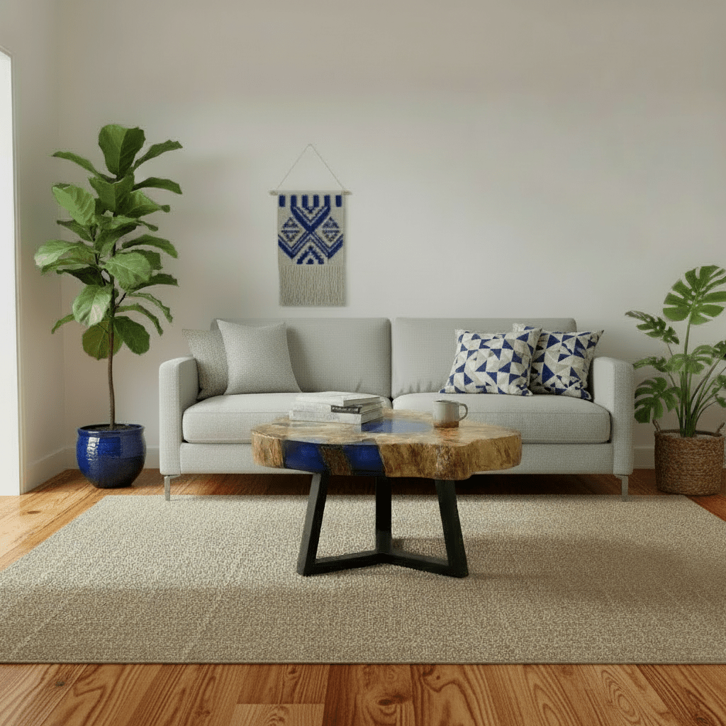 A raw edge coffee table with blue resin in a natural living space with green plants