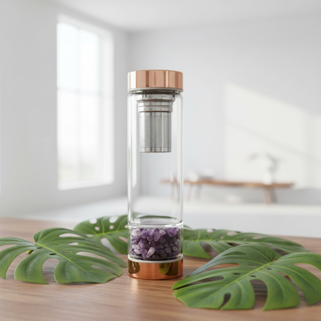 Clear glass bottle with copper lid and base on a wooden surface with green leaves.
