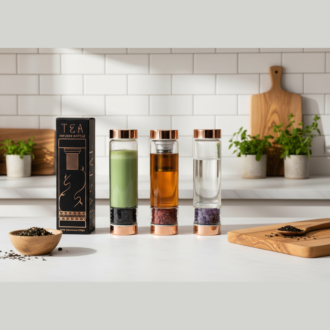 Four glass tea infusers with different colored liquids on a kitchen counter, next to a box labeled 'Tea Infused Bottles'.