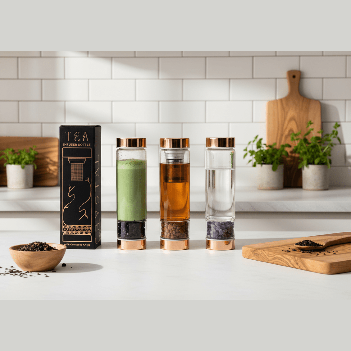 Four glass tea infusers with different colored liquids on a kitchen counter, next to a box labeled 'Tea Infused Bottles'.
