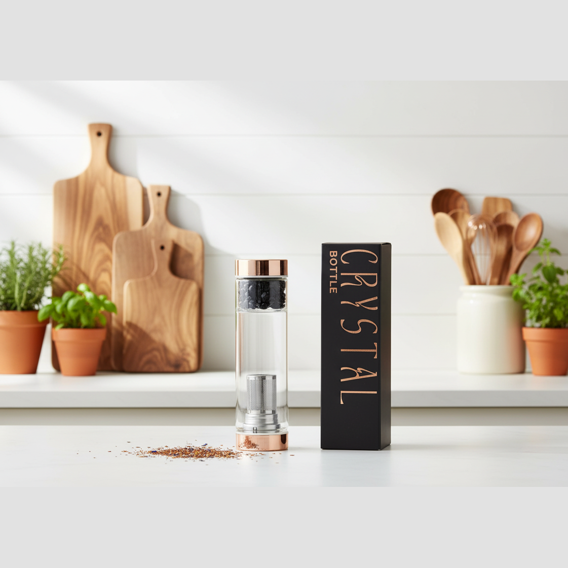 Kitchen setting with a Crystal bottle and packaging on a white surface.