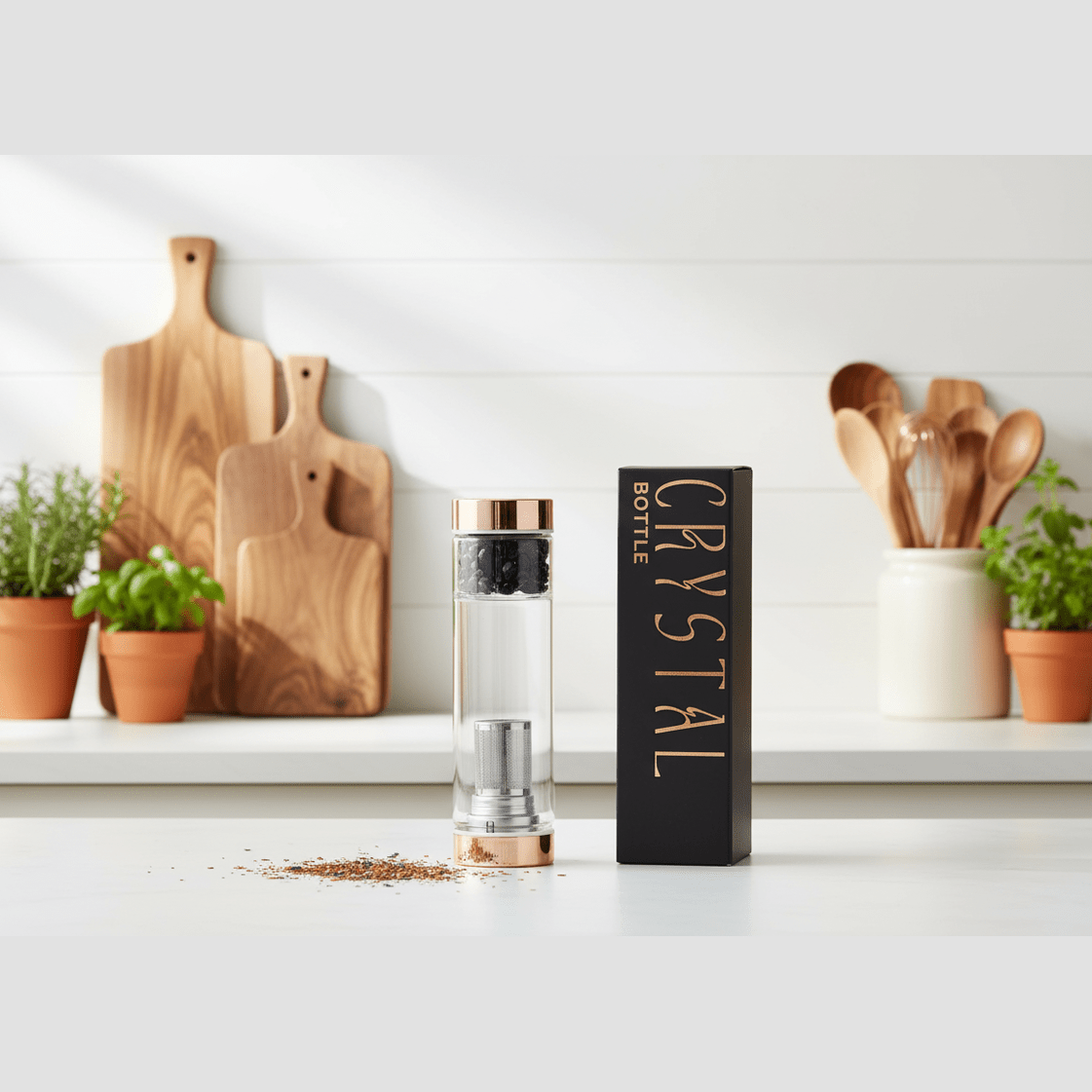 Kitchen setting with a Crystal bottle and packaging on a white surface.