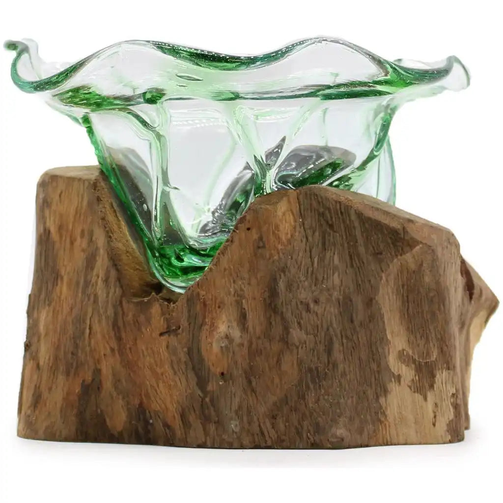 AW Home Eco-Friendly Decorative Bowl Green - Recycled Beer Bottle Glass on Wood Stand Home & Garden > Decor > Decorative Bowls > Green Glass Bowl > Recycled Beer Bottles Molton Glass on a Sustainable Wood Base Bowls emmy-jane-boutique.myshopify.com