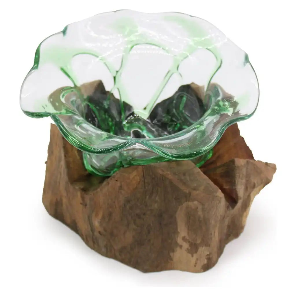 AW Home Eco-Friendly Decorative Bowl Green - Recycled Beer Bottle Glass on Wood Stand Home & Garden > Decor > Decorative Bowls > Green Glass Bowl > Recycled Beer Bottles Molton Glass on a Sustainable Wood Base Bowls emmy-jane-boutique.myshopify.com