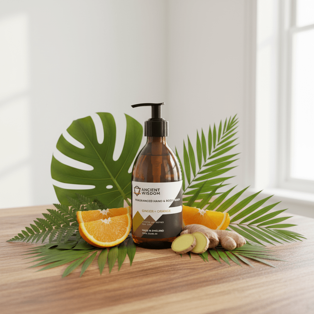 Bottle of 'Ancient Wisdom' hand wash with oranges, ginger, and leaves on a wooden surface.