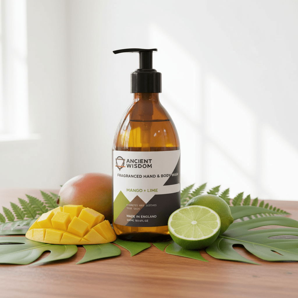 Brown bottle with pump dispenser labeled 'Ancient Wisdom' on a wooden surface with mango and lime slices, surrounded by green leaves.