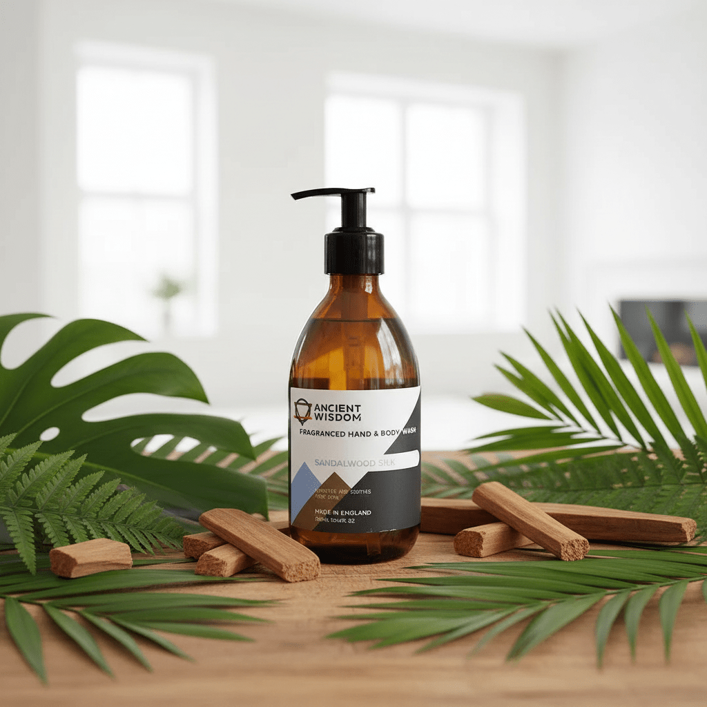 A Brown bottle of hand and body wash with a pump dispenser on a wooden surface with green leaves and wooden sticks.