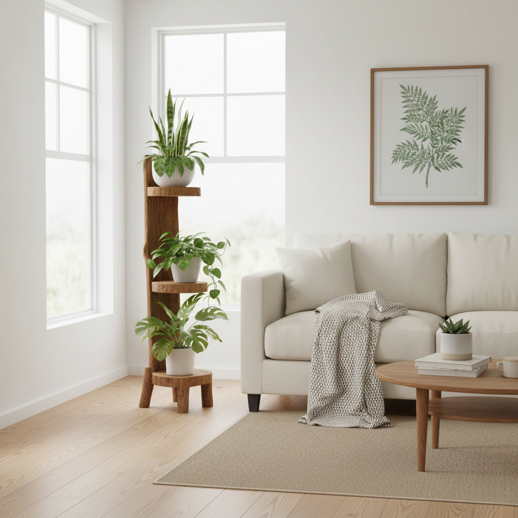 A styled living room corner featuring a tall, rustic three-tier wooden plant stand holding several potted green plants. The room has light wood floors, a cream-colored sofa with a textured throw blanket, a wooden coffee table, and a framed botanical print on the wall.