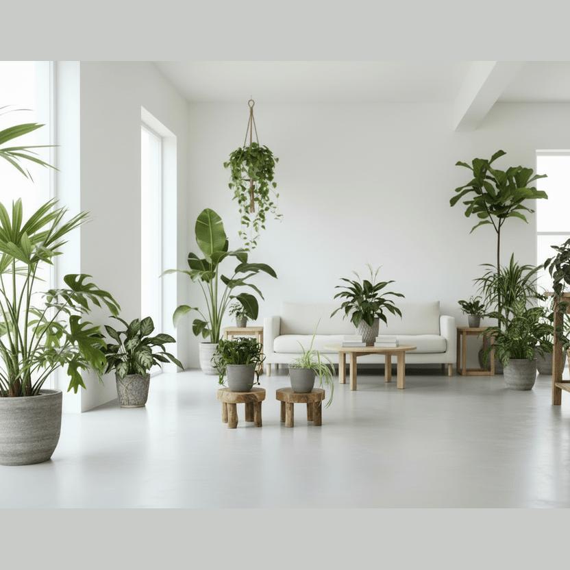 Modern living room with various potted plants creating a fresh and natural atmosphere.
