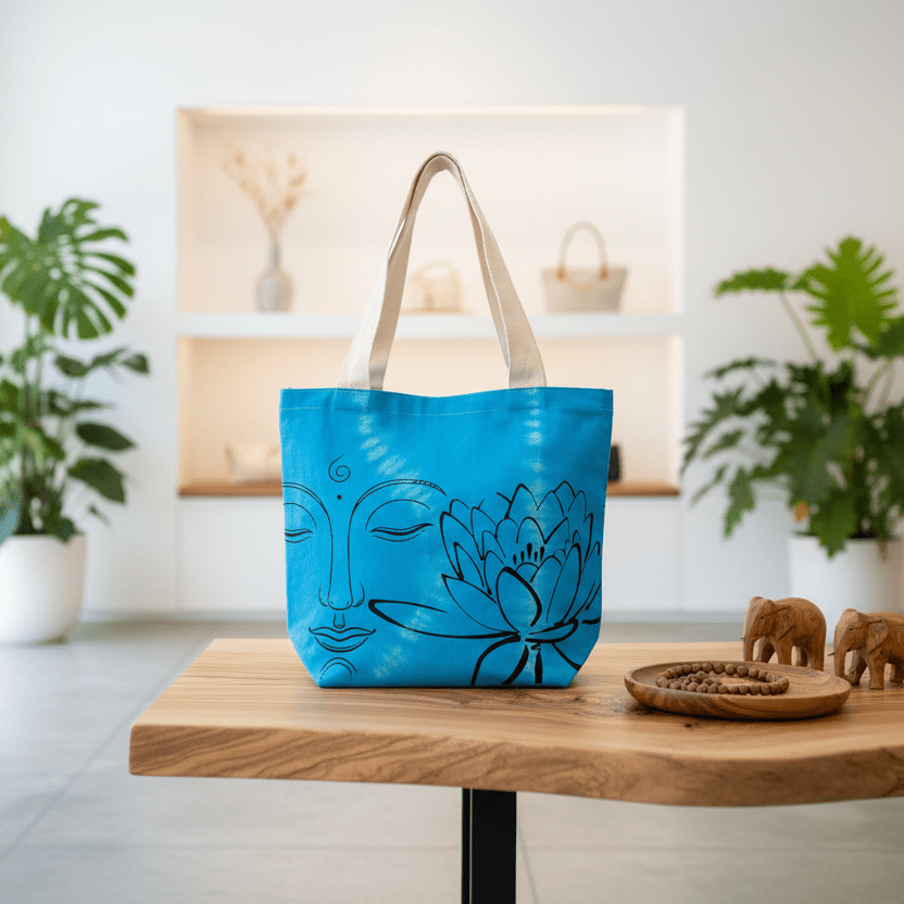 Blue tote bag with floral design on a wooden table in a bright room with plants and decor.