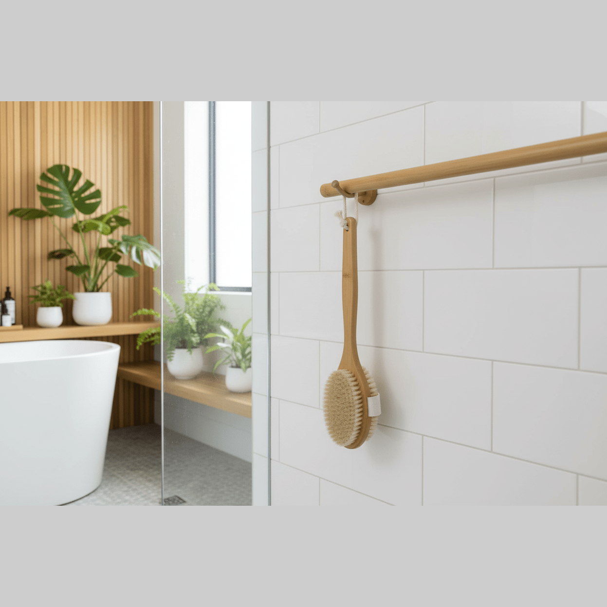 Bathroom with a wooden shelf, plants, and a bath brush on a towel rack.