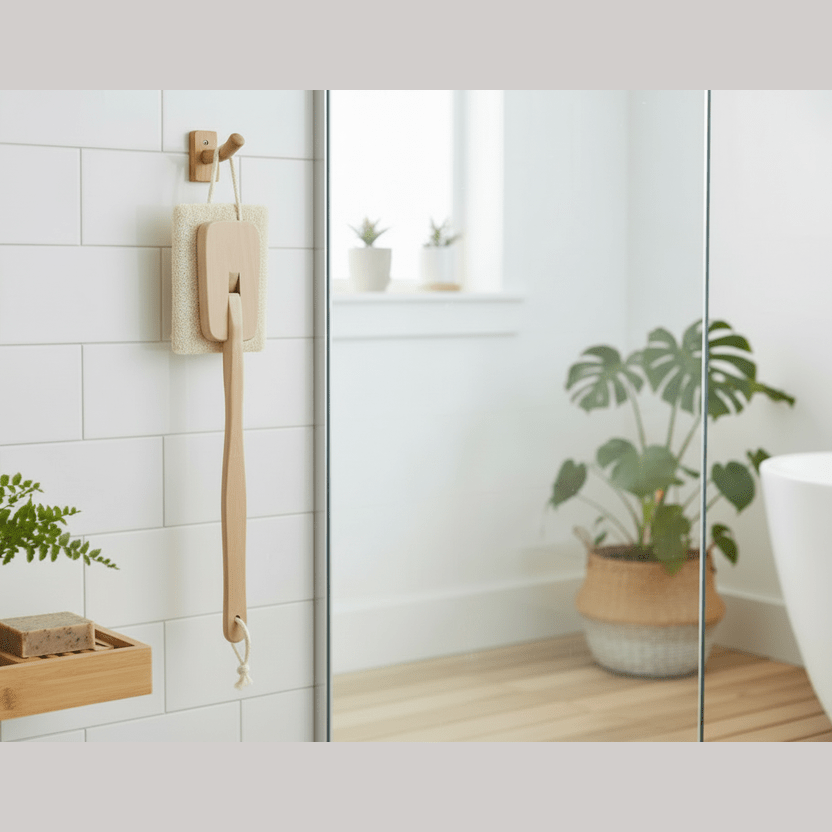 Bathroom interior with plants, a shower head, and a mirror.