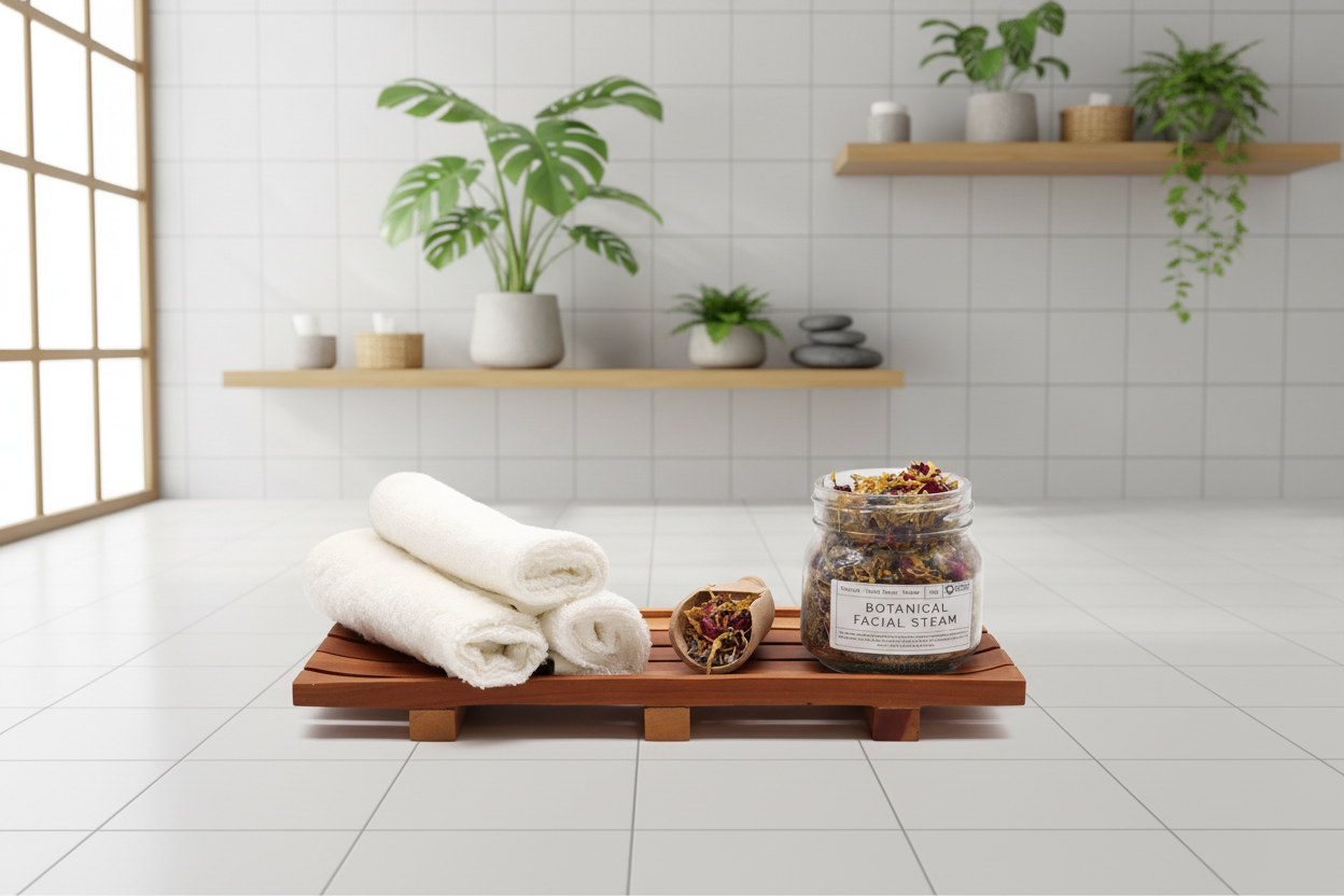 Bathroom setting with towels, jar of bath salts, and plants on a wooden shelf.