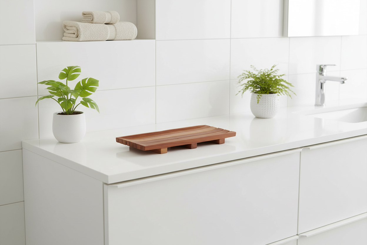 Wooden sap tray on a white bathroom counter with plants and towels in the background