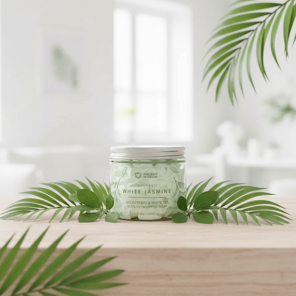 A jar of whipped cream soap on a wooden surface with exotic green plants