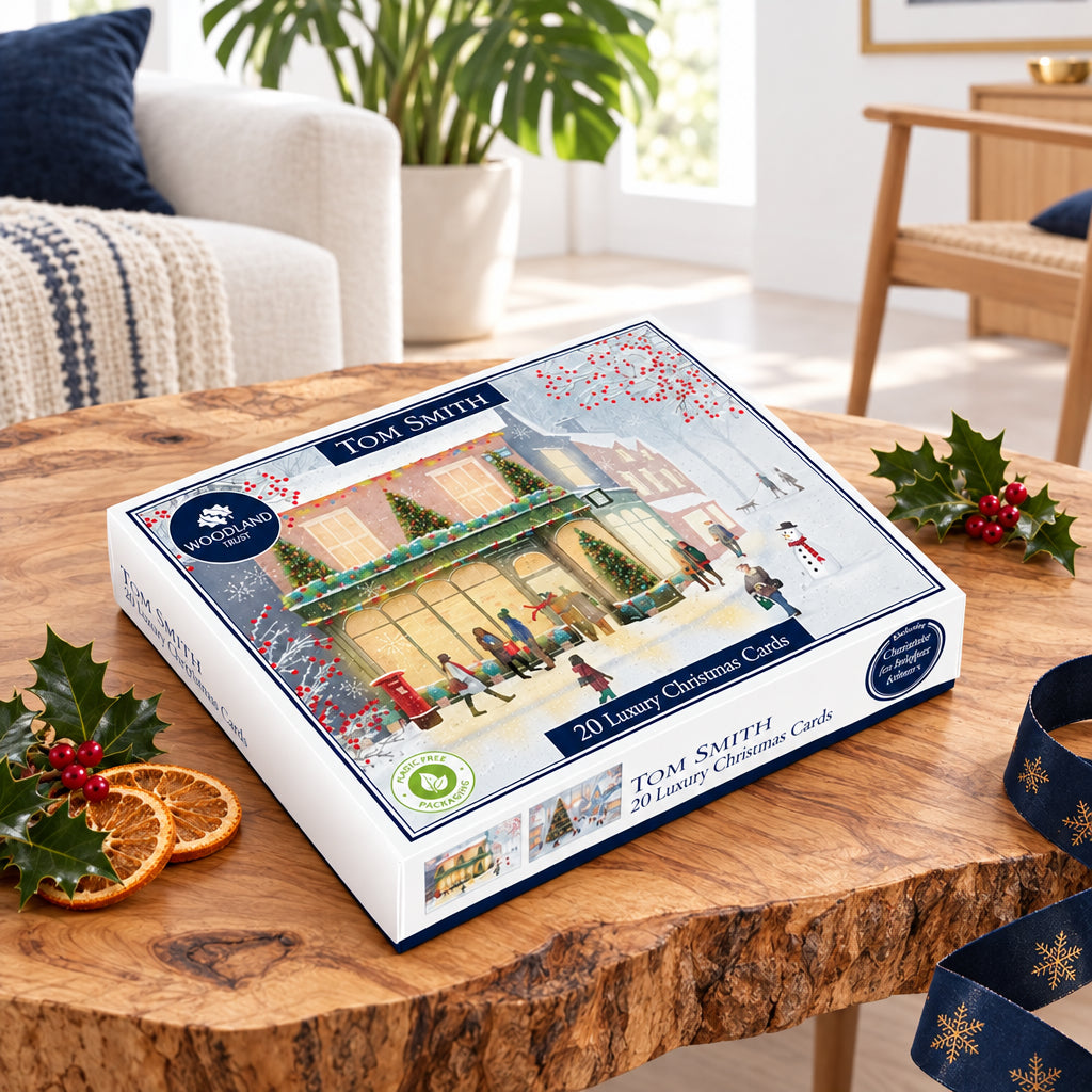 Tom Smith Christmas High Street card box featuring a snowy festive street scene, displayed with holly and dried orange slices.