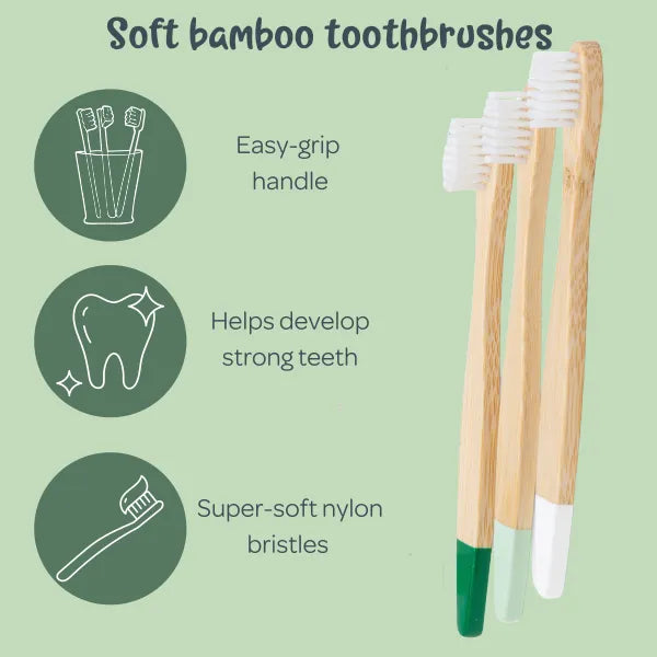 Mama Bamboo infographic showing three bamboo-handled toothbrushes and highlighting easy-grip handles and soft nylon bristles.