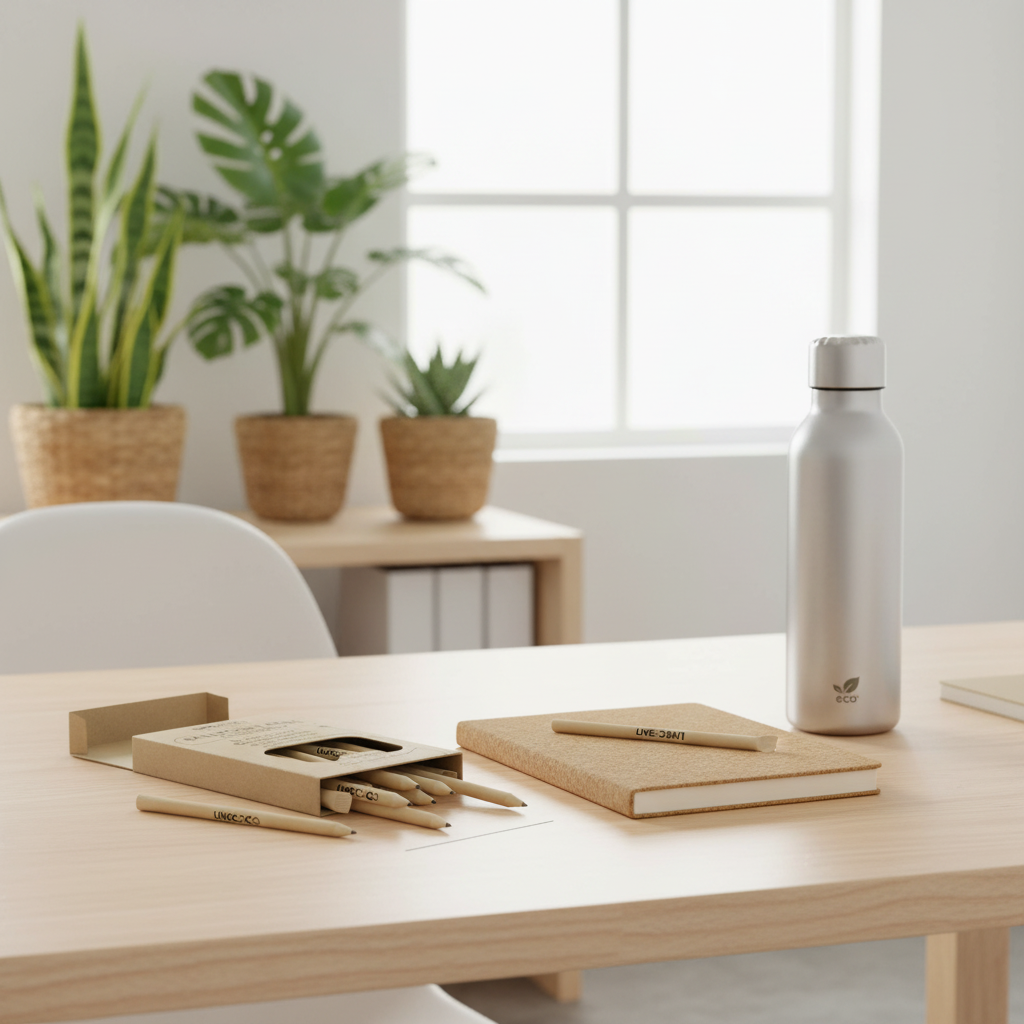 Eco-friendly, plastic free pens. On a wooden desk, with an eco-friendly cork notebook and a sustainable water bottle, in a modern white office, with eco-friendly decor and exotic green plants.