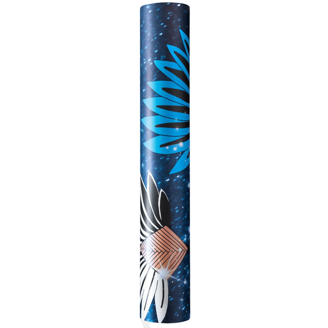 Decorative rolled yoga mat with blue and white patterns on a white background
