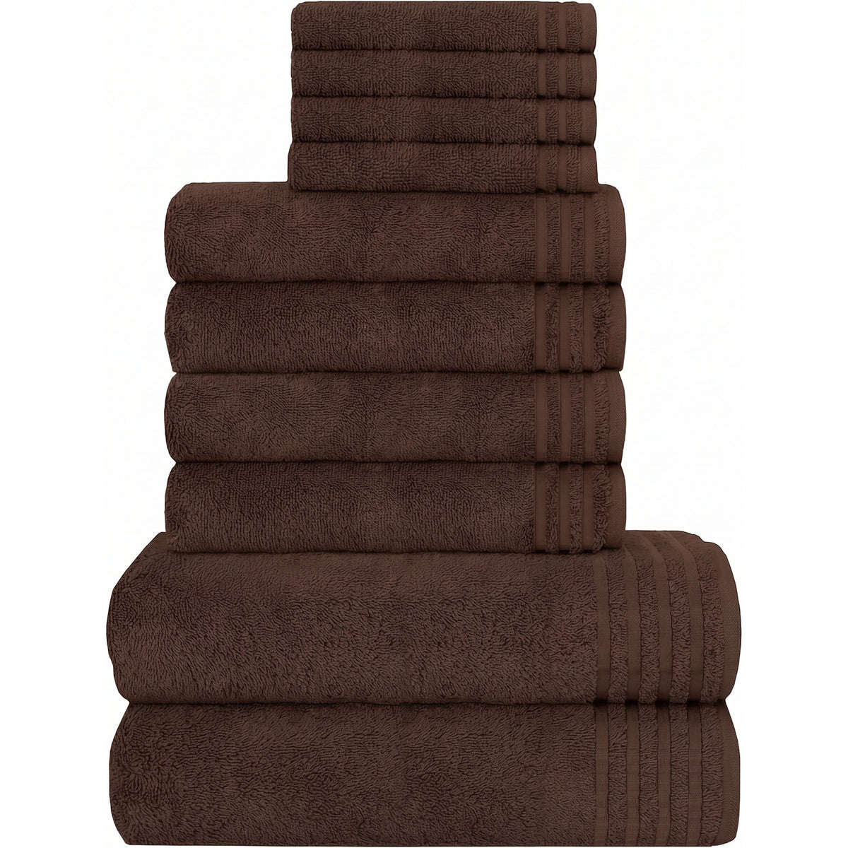 Stack of brown towels on a white background