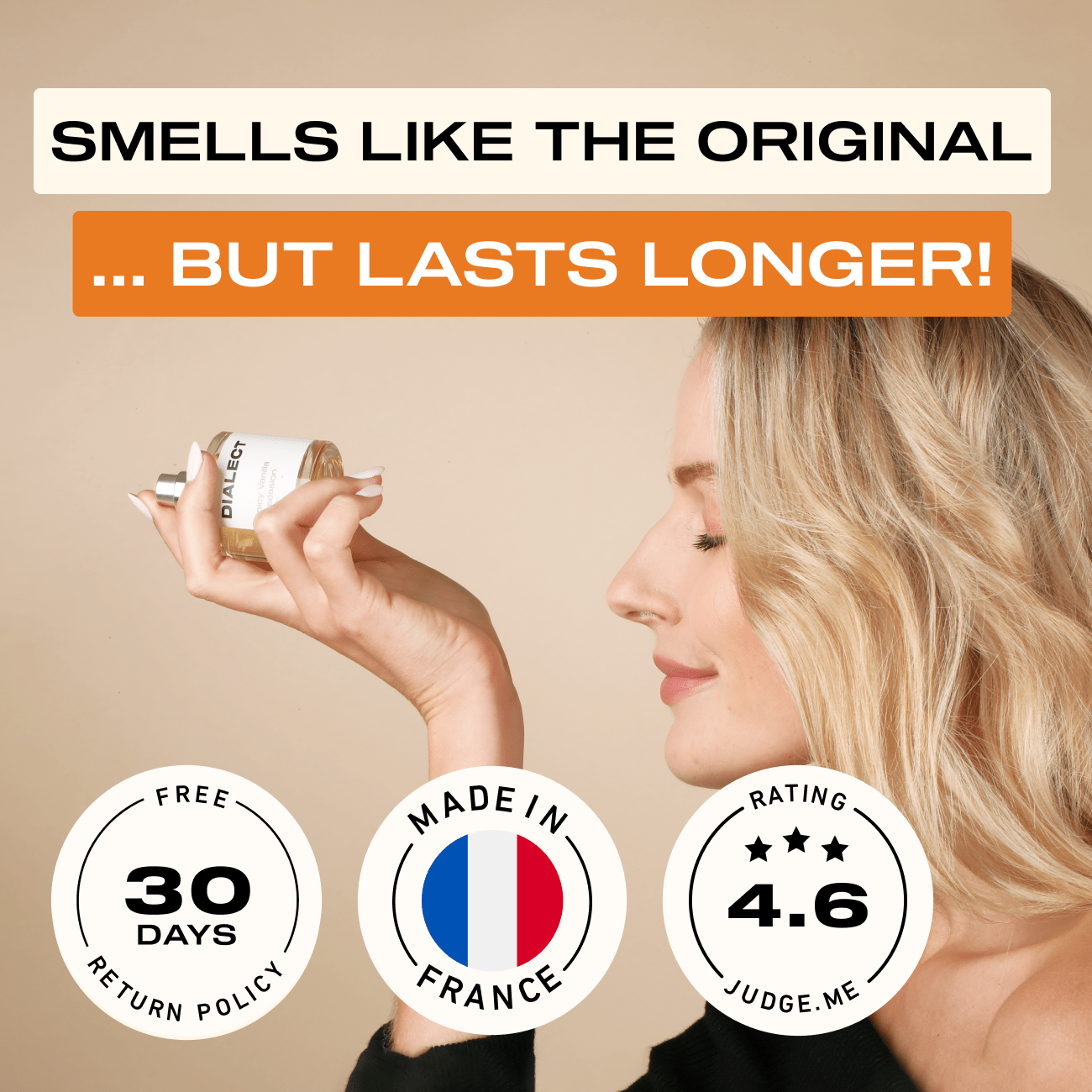 Woman holding a product with text claiming it lasts longer than the original, featuring return policy, made in France, and rating badges.