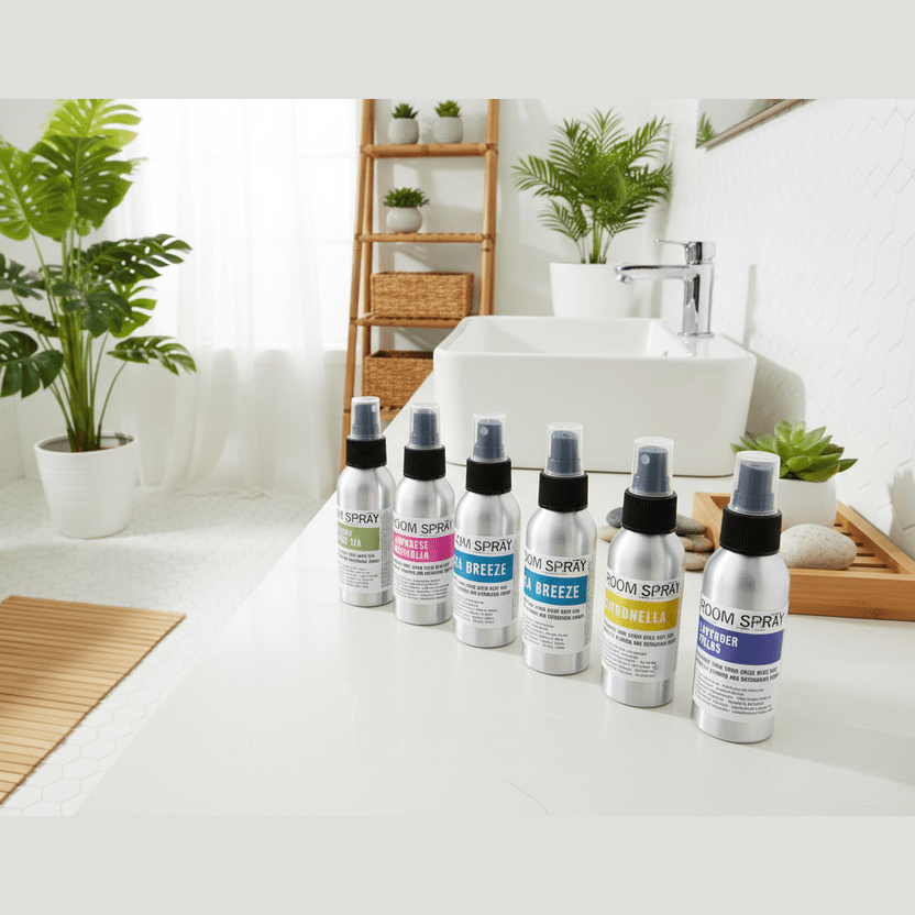 Bathroom setting with 'Room Spray' bottles on a counter, plants, and a bathtub.