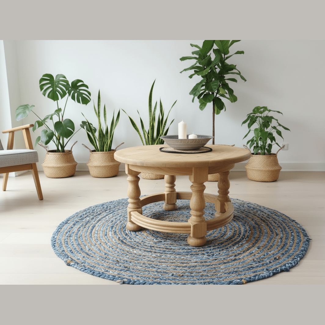 Round wooden coffee table in a room with plants and a blue rug.