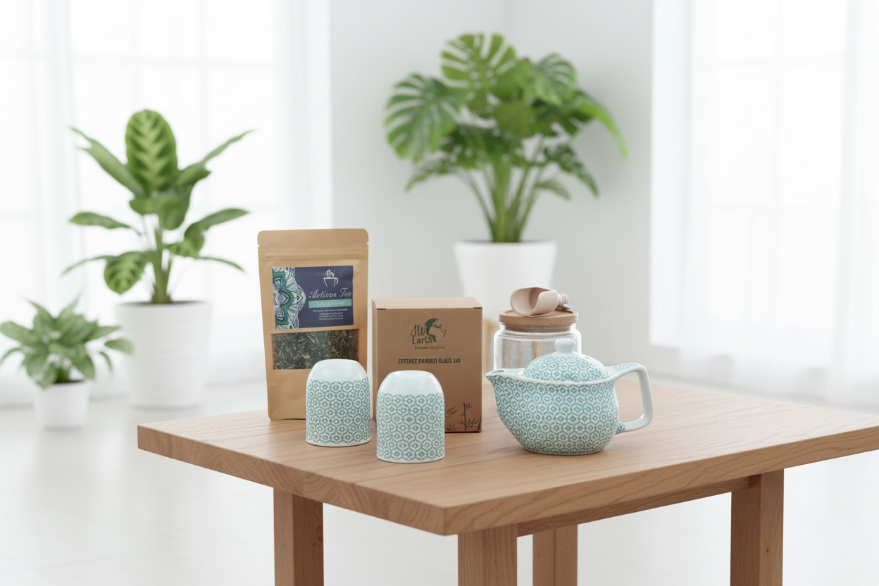 Tea-making set with teapot, cups, and packaging on a wooden table with plants in the background.