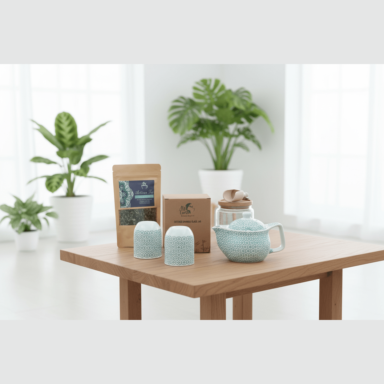 Tea-making set with teapot, cups, and packaging on a wooden table with plants in the background.