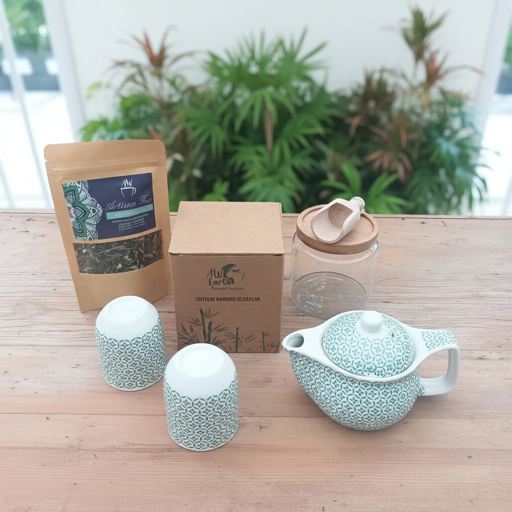 Tea-making set with teapot, tea leaves, and packaging on a wooden surface with plants in the background.