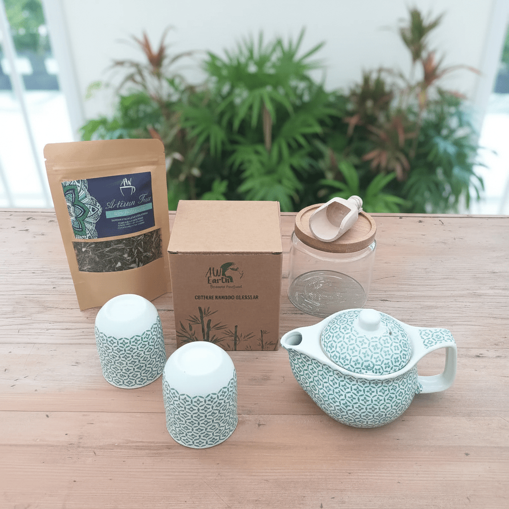 Tea-making set with teapot, tea leaves, and packaging on a wooden surface with plants in the background.