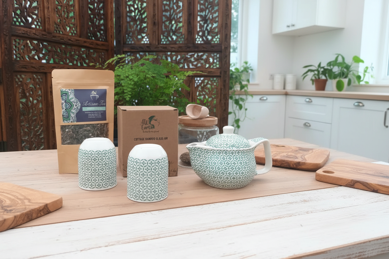Tea set with green and white pattern on a wooden table in a kitchen setting.