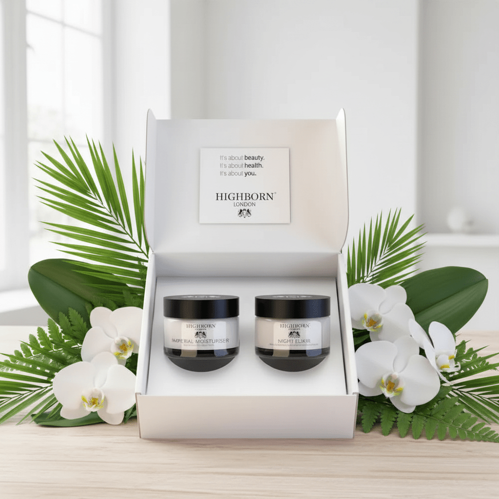 Two jars of Highborn skincare product in a box with decorative plants and flowers.