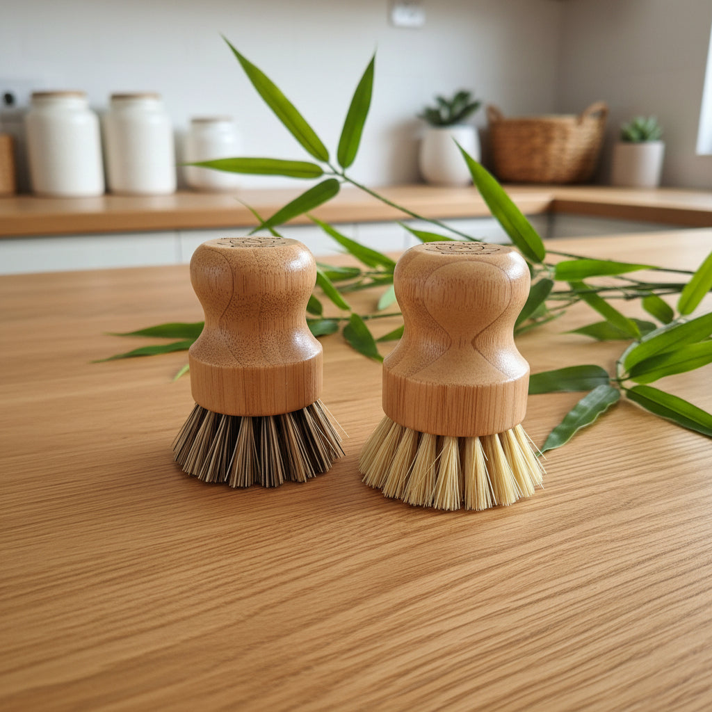 Two wooden dish brushes on a wooden surface with green leaves in the background.