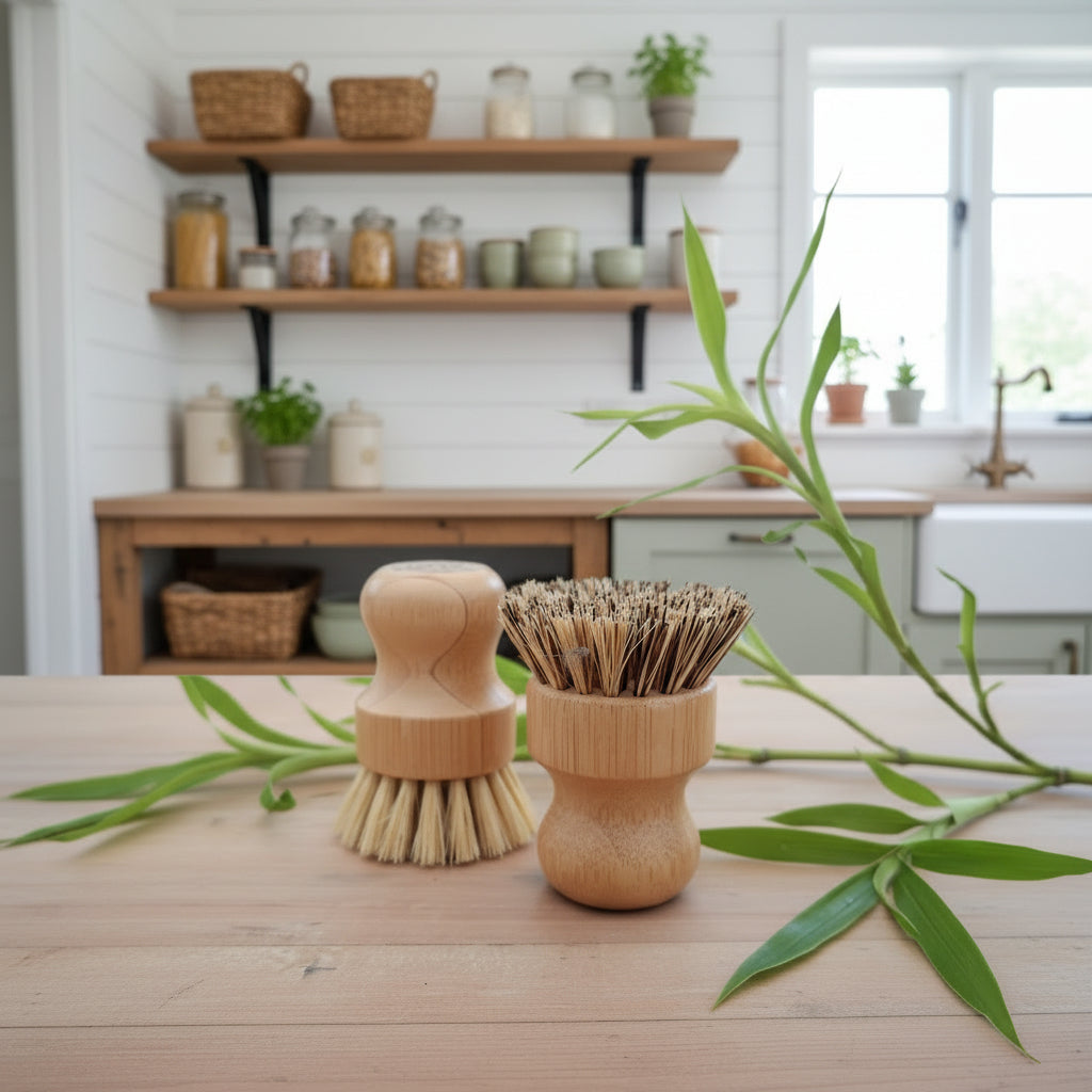 Two wooden dish brushes on a kitchen counter with shelves and plants in the background.