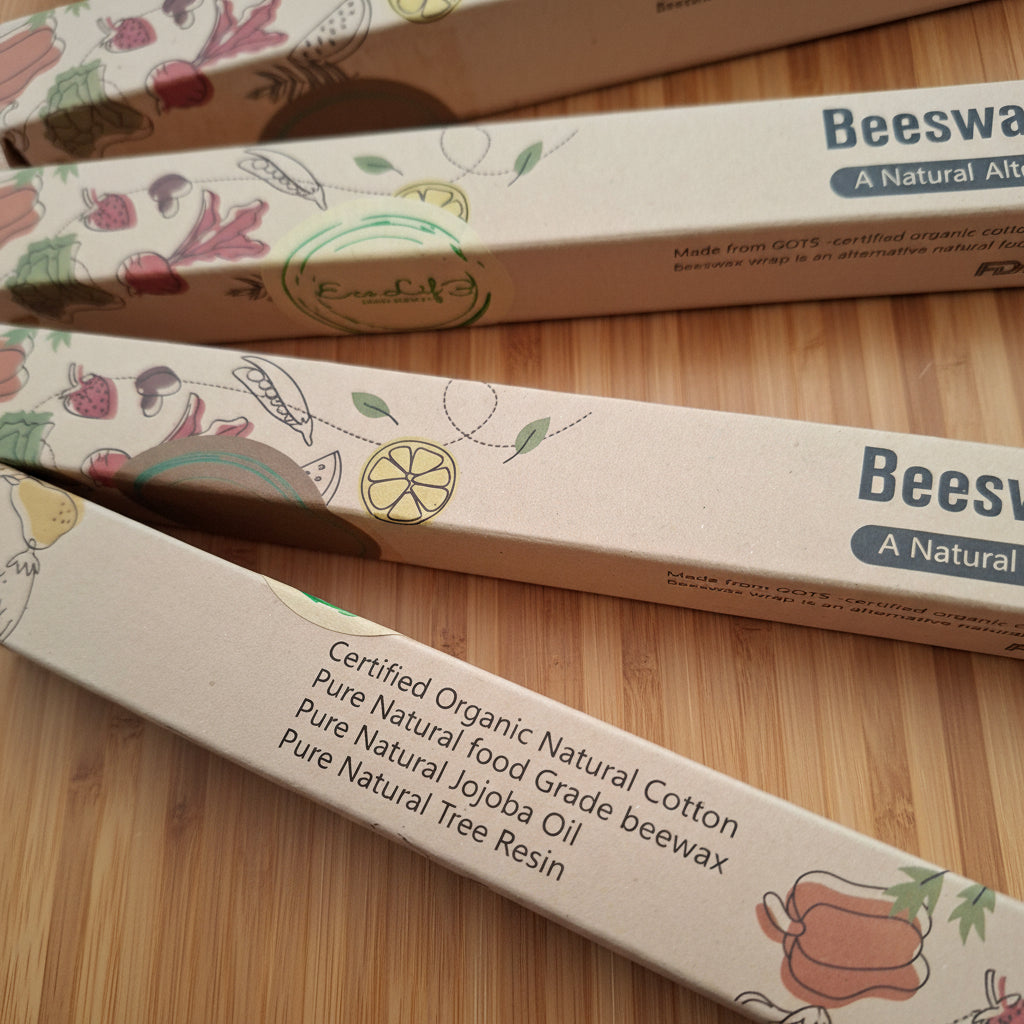 Beeswax food wrap packaging on a wooden surface