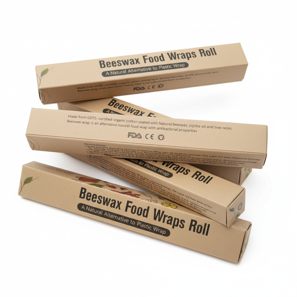 Beeswax food wraps rolls in cardboard packaging on a white background