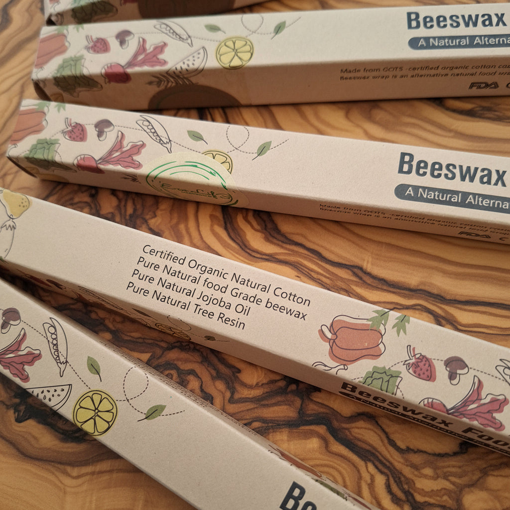 Beeswax food wraps with branding and product information on a wooden surface