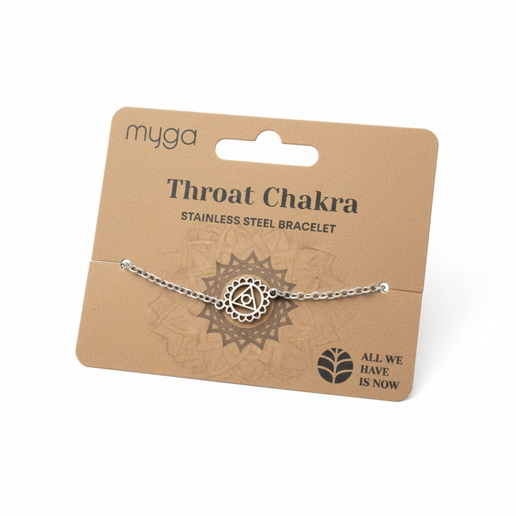 Bracelet labeled 'Throat Chakra' on a 'myga' branded card with a white background