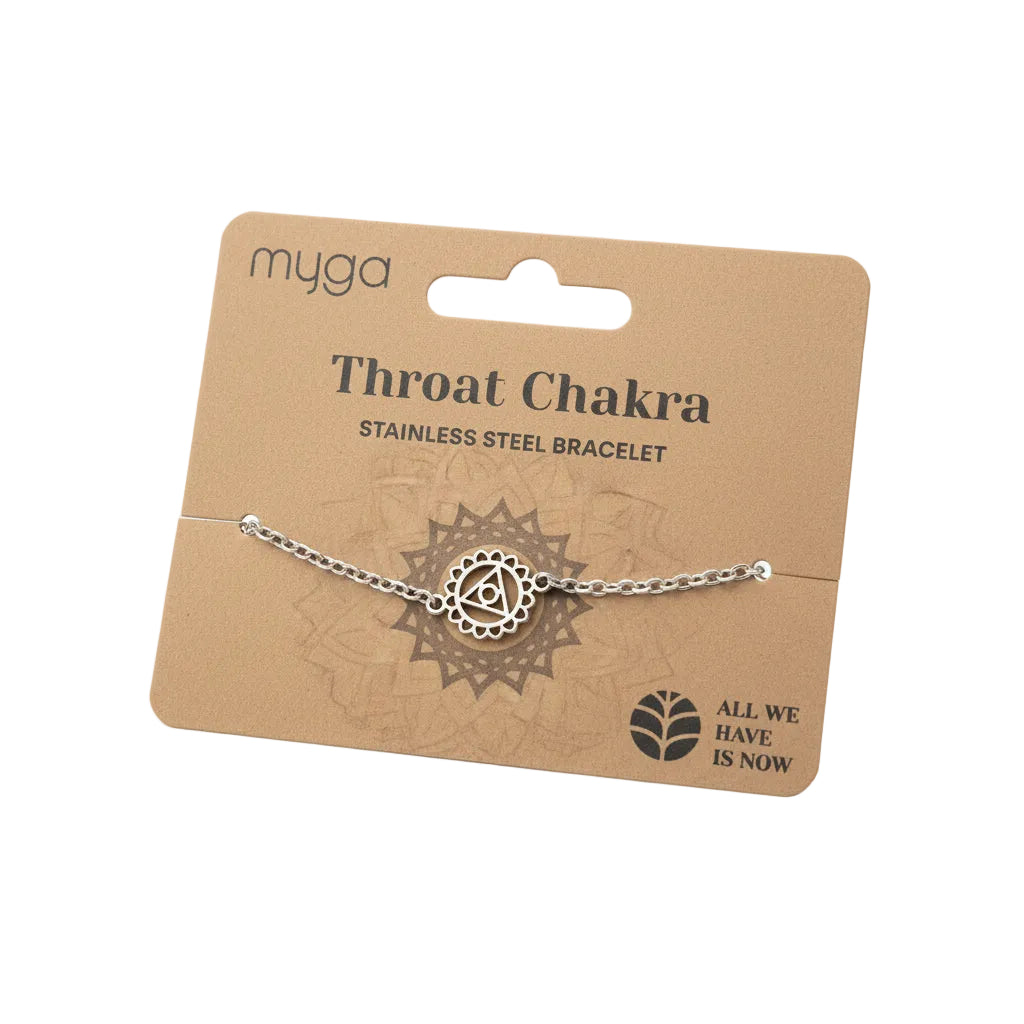 Bracelet labeled 'Throat Chakra' on a 'myga' branded card with a white background