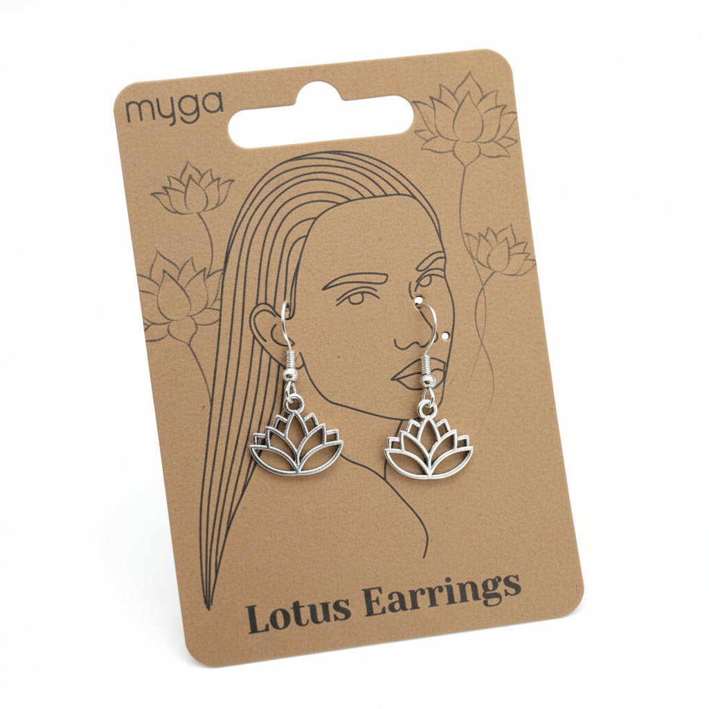 Lotus earrings on a 'myga' branded card with a woman's face illustration.